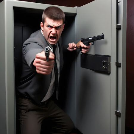 an armed bank robber with a pistol is standing in the vaultの素材