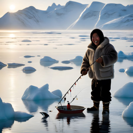 Eskimo man sits in the Arctic and fishes fish from an ice holeの素材