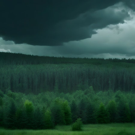 Clearing in the moss-covered forest with approaching storms and dark storm cloudsの素材