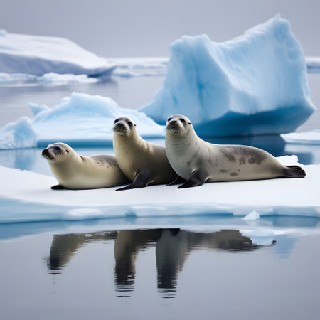 A group of seals sits on an ice shell in the cold of the Arcticの素材