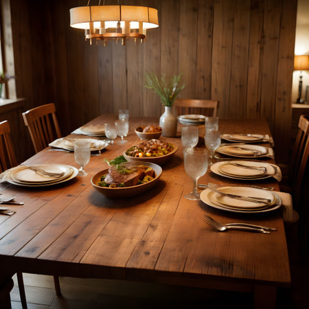 Rustic living room with wooden furniture in a warm atmosphere in the eveningの素材