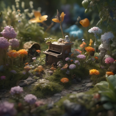 wonderful garden with colorful flowerbeds and little creaturesの素材