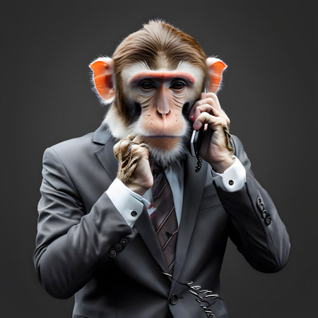 a monkey in a business suit makes an important phone call from the officeの素材