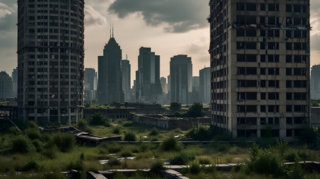 dilapidated and abandoned city overgrown with plantsの素材