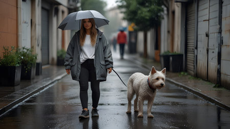 young woman walks with big white dogの素材