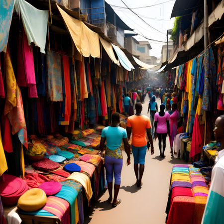 Large colorful market in Africa with stalls and tradersの素材
