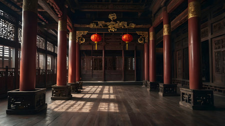 old ancient chinese imperial hall with a lot of wooden pillarsの素材