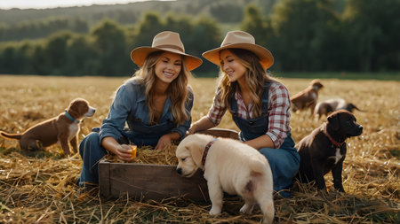 cute dogs in farmers clothes on the fieldの素材