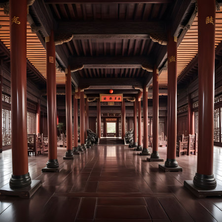 old ancient chinese imperial hall with a lot of wooden pillarsの素材