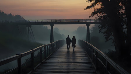 two people on a bridge in dense fogの素材
