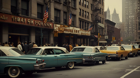 old vintage Town of New York with a lot of traffic and skyscrapersの素材