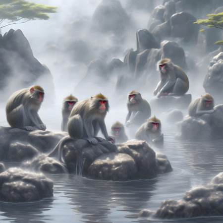 Monkeys sit in Japanese hot spring to warm up in winterの素材