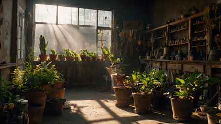 Wooden voodoo hat with a lot of herbs and potsの素材