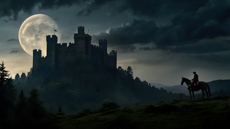 dark dense night with horses and caste in forestの素材