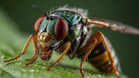 green blowfly sits on a leafの素材