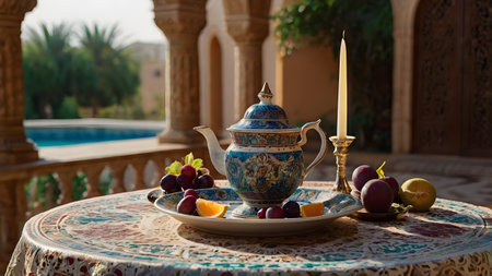 round table with candlelight and food, AI-generatedの素材