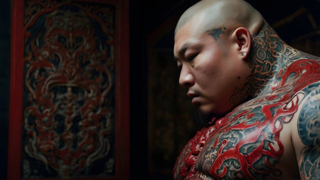 Heavily tattooed Japanese man with strong muscles and overweightの素材