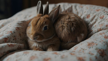 cute fluffy rabbits cuddling on the bedの素材