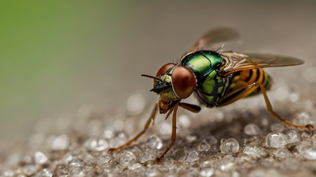 green blowfly sits on a leafの素材