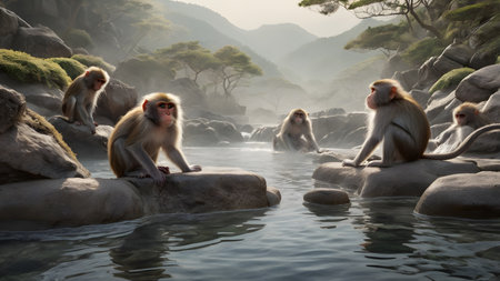 Monkeys sit in Japanese hot spring to warm up in winterの素材