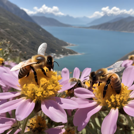 colorful red yellow flower with flying bees aroundの素材
