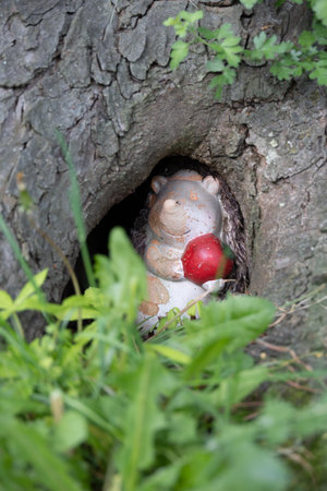 hedgehog hiding in a tree holeの写真素材