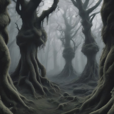 dark green mystical forest with moss coveredの素材