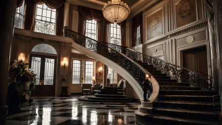 elegant wood-paneled reception hall with tiles and staircaseの素材