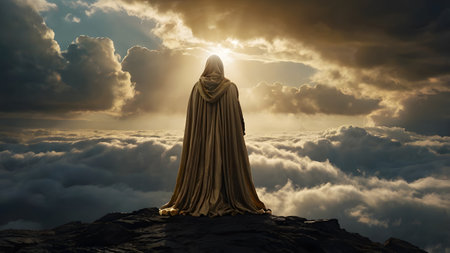 religious man in white robe stands on hill by stormy weatherの素材