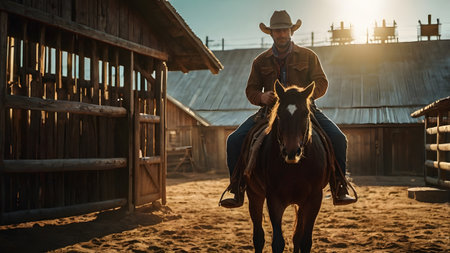 cowboy with horse between wooden buildings in the wild westの素材