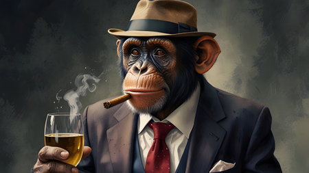 Chimpanzee dressed as a businessman with a suit tie and hat drinks wine and smokes a cigarの素材