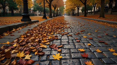 Cobblestone street with fallen leaves in autumn with playing childrenの素材
