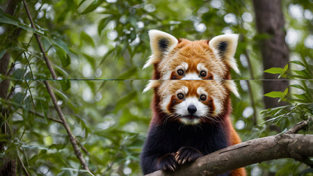 fluffy red panda is crawling in old treesの素材