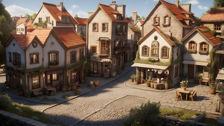 old medival town in green forest with churchの素材