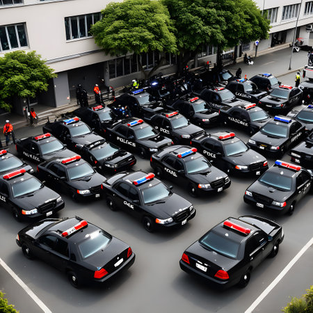 American police car with blue lights in use on the streetの素材