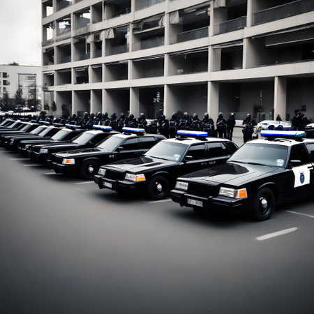 American police car with blue lights in use on the streetの素材