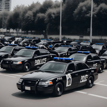 American police car with blue lights in use on the streetの素材