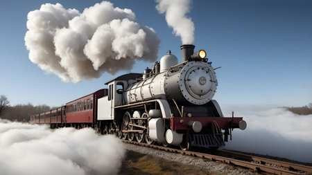 old heavy smoking steam locomotive on the tracks during transportの素材
