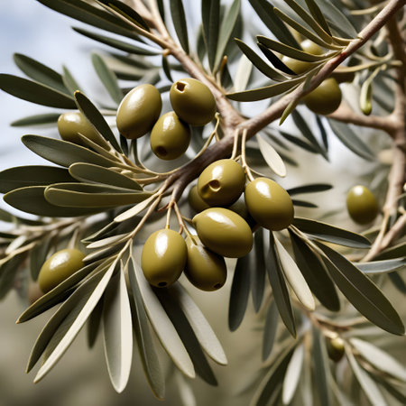 Olive fruits on the bush with green leavesの素材
