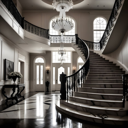 elegant wood-paneled reception hall with tiles and staircaseの素材