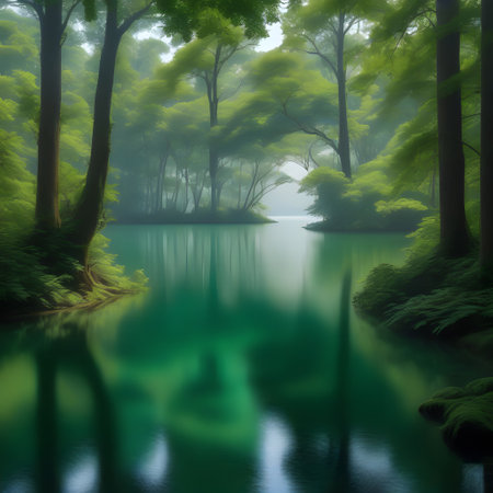 lake with green forest and reflections in romantic atmosphereの素材