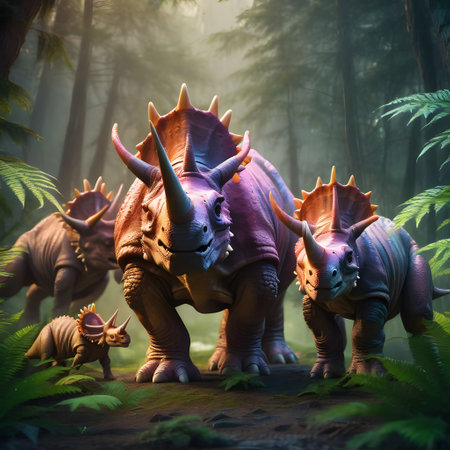 Triceratops dinosaurs roam the prehistoric landscape in search of foodの素材