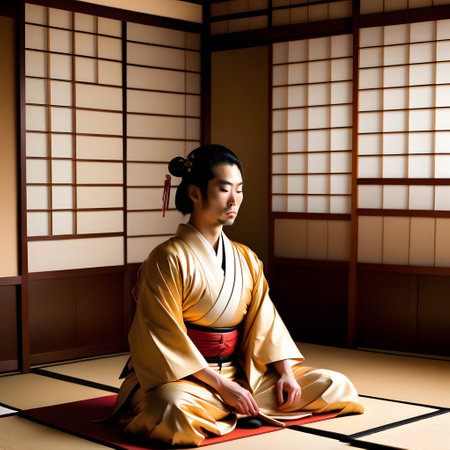 Japanese woman sit in traditional room on the floorの素材