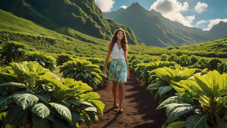 young exotic woman in a great green plantationの素材