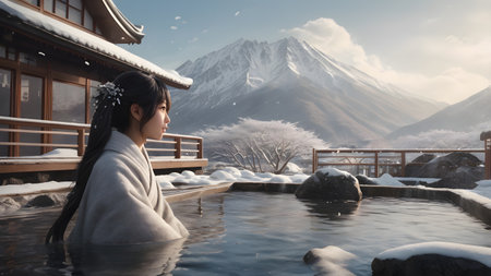 Japanese woman takes a bath in cold winter waterの素材