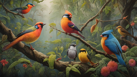 blue yellow colored exotic bird in forestの素材