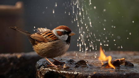 small sparrow bird delites fire with water from a bowlの素材