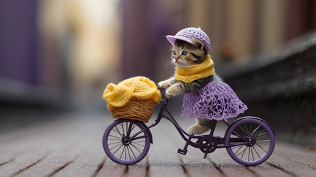 small cute cat in wool clouthes on a bicycleの素材