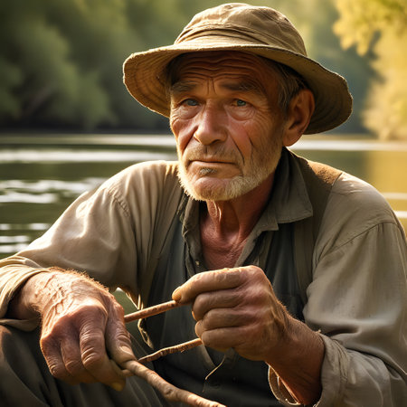 angler man with big fish from lakeの素材