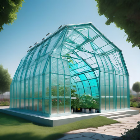 great glass greenhouse with young green plantsの素材